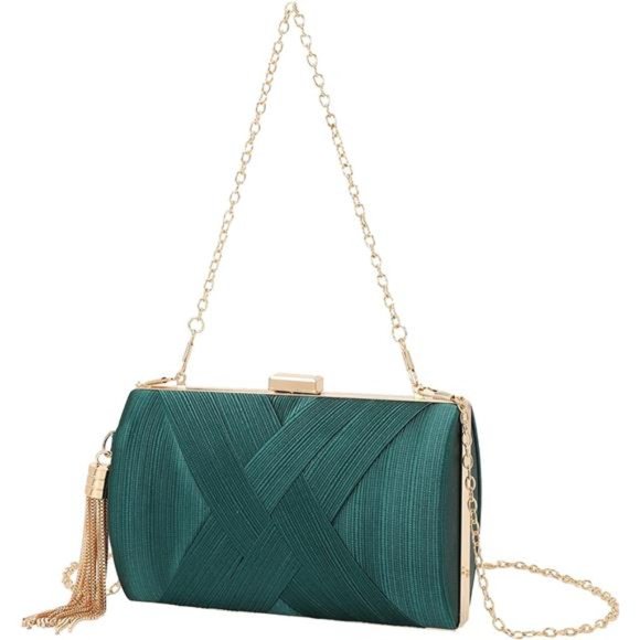 Women's Elegant Tassel Pendant Silk Evening Bag Clutch Green - Picture 2 of 6
